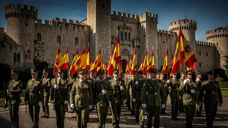 Academia General Militar de Zaragoza con cadetes en formacion y banderas espanolas