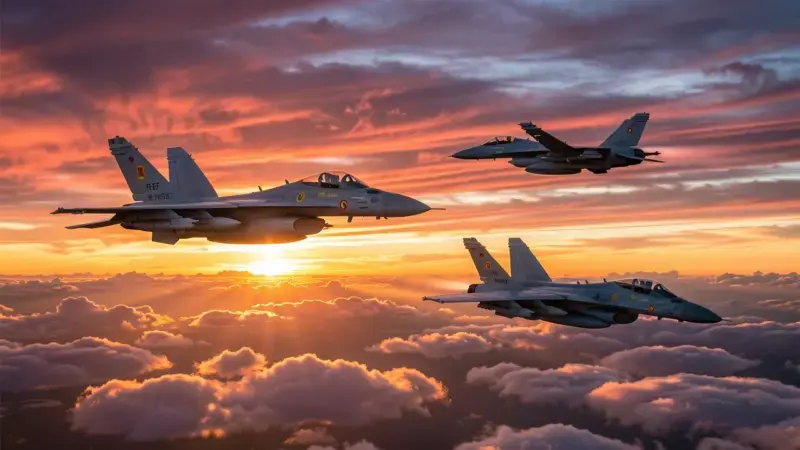 Formacion de aviones militares espanoles F-18 y Eurofighter del Ejercito del Aire