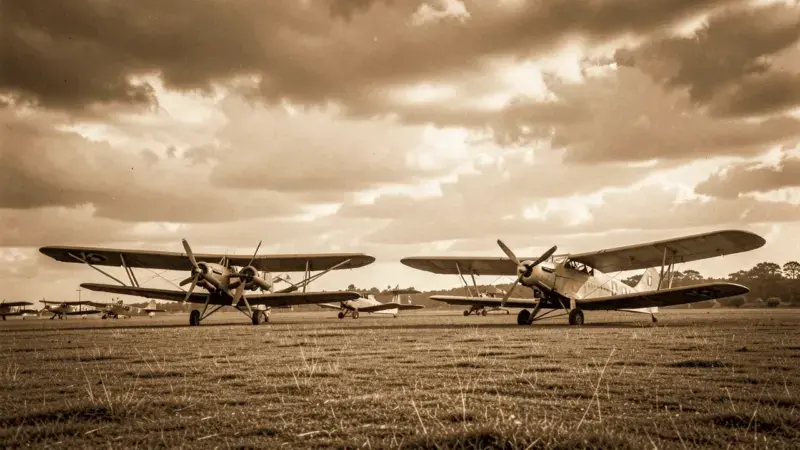Vista historica de la Base Aerea de Tablada en Sevilla con aviones vintage