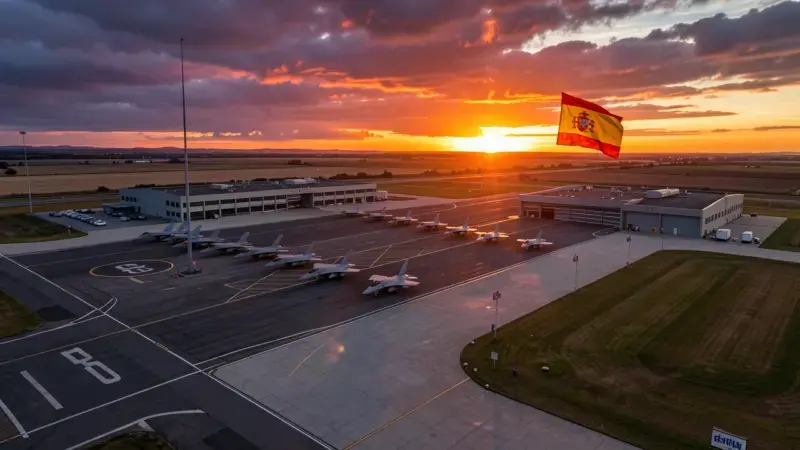 Vista aerea de base aerea militar espanola con cazas del Ejercito del Aire en pista