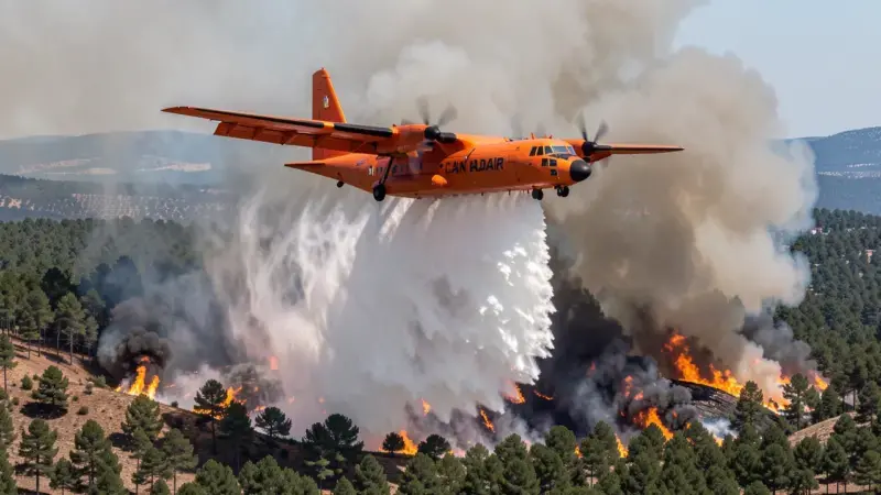 Avion anfibio Canadair CL-415 del Ejercito del Aire espanol descargando agua sobre incendio forestal