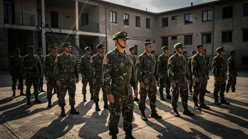 Nuevos reclutas del ejercito espanol en instruccion basica militar formados en linea
