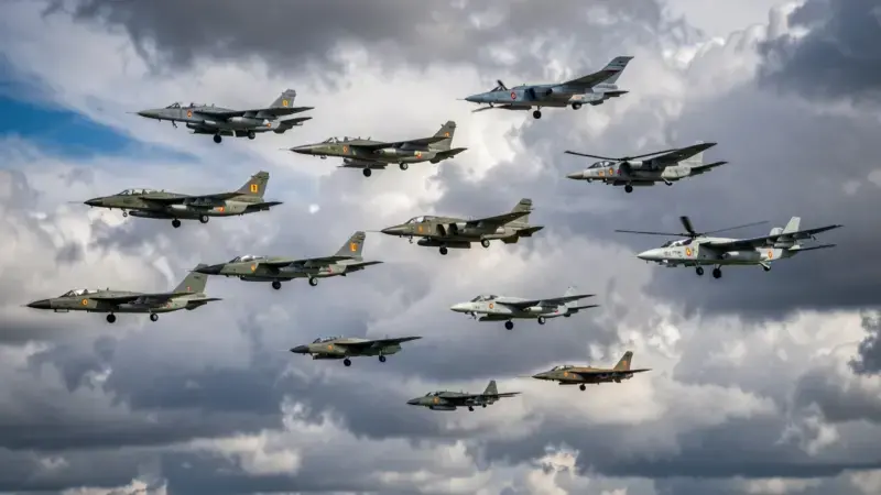 Varios tipos de aviones militares espanoles en formacion aerea incluyendo cazas y transporte