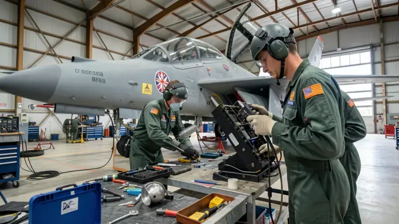Tecnicos especialistas del Ejercito del Aire espanol trabajando en aeronave militar