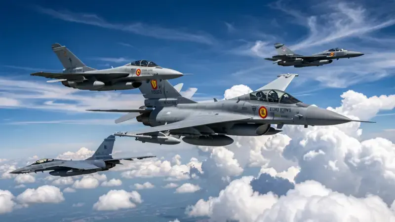 Caza Eurofighter Typhoon del Ejercito del Aire espanol en vuelo con insignia de Espana