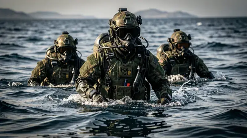 Buceadores de combate de la FGNE de la Armada espanola emergiendo del agua con equipo
