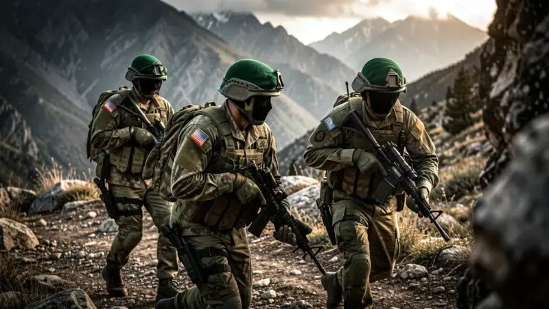 Operadores del GOE ejercito espanol en mision con equipo tactico y boina verde
