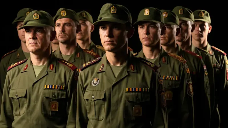 Uniformes del Ejercito de Tierra espanol mostrando diferentes rangos y divisas en hombreras