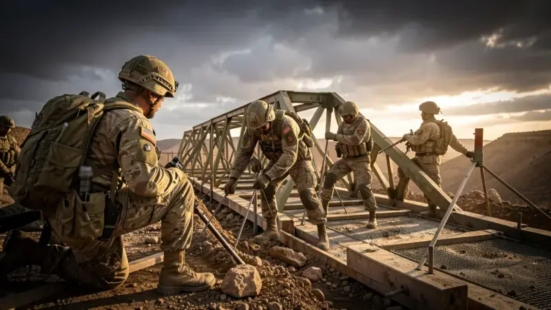 Ingenieros militares del ejercito espanol trabajando en construccion de puente tactico