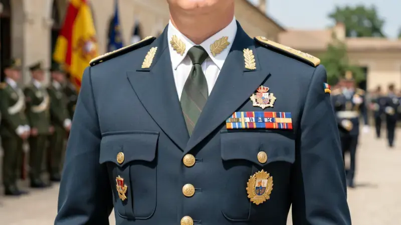 Oficial militar de complemento con uniforme del ejercito espanol - insignias y rango visibles