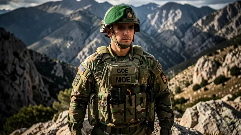 Soldado de operaciones especiales del Ejercito de Tierra espanol con boina verde y equipo tactico