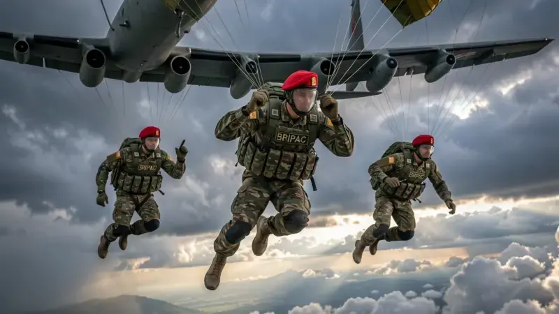 Paracaidistas de la BRIPAC del Ejercito de Tierra espanol en salto desde avion militar