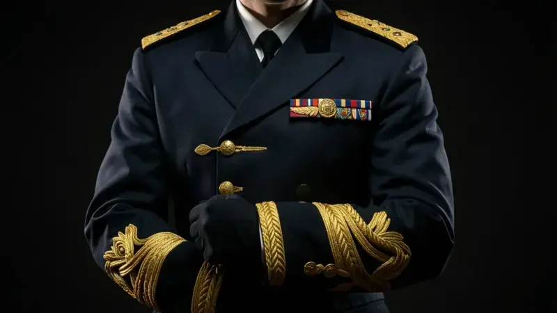 Oficial de la Armada espanola con uniforme naval y divisas de rango en puños de guerrera