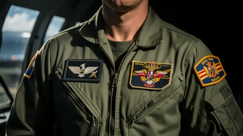 Pilotos del Ejercito del Aire espanol con uniformes de vuelo mostrando rangos e insignias