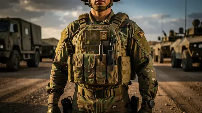 Soldado espanol en uniforme de campana con equipo tactico completo en base militar