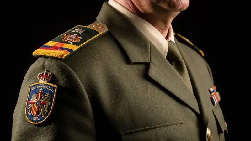 Suboficial del ejercito espanol con uniforme mostrando insignias de rango en hombrera