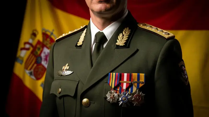 Oficial del ejercito espanol con uniforme y rango mostrando insignias de empleo military