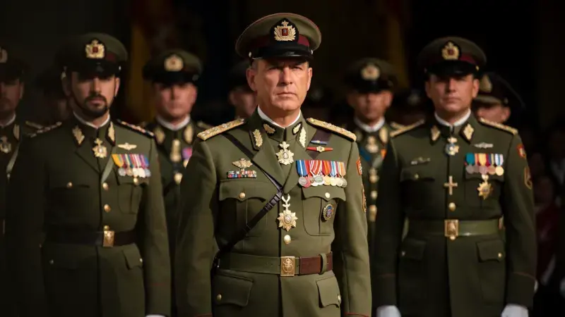 Uniformes militares espanoles en formacion mostrando distintos tipos y rangos del ejercito