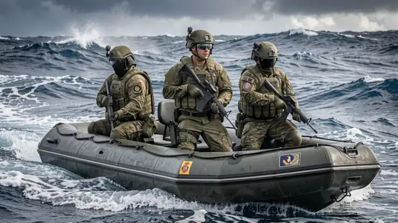 Soldados de la UOE Infanteria de Marina espanola desembarcando desde zodiac en operacion anfibia